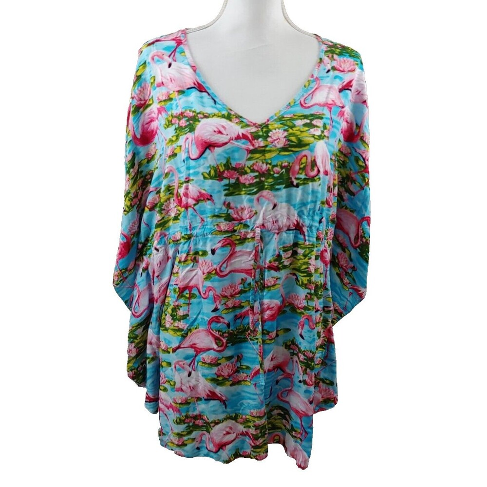 Island Style Womens Top Oversized Medium Hawaiian Shirt Pink Flamingo Print